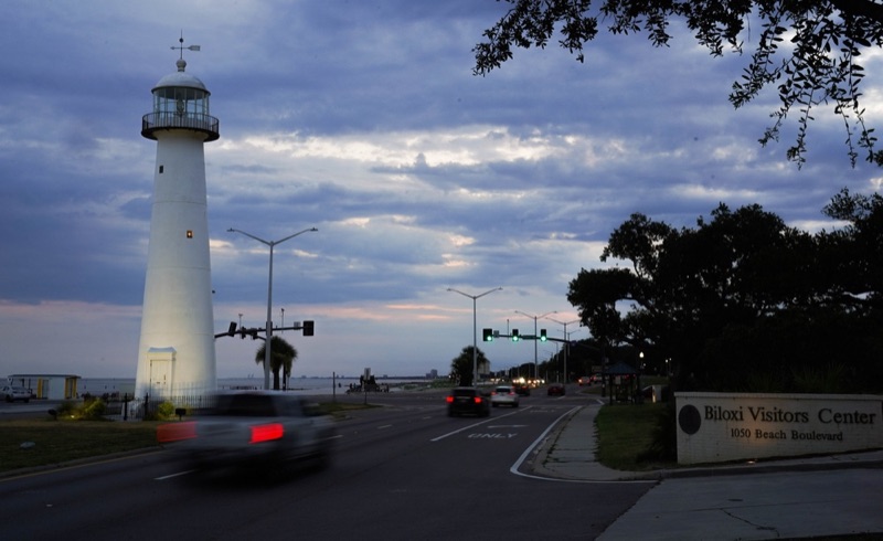 Biloxi Lighthouse on Beach Boulevard at dusk
